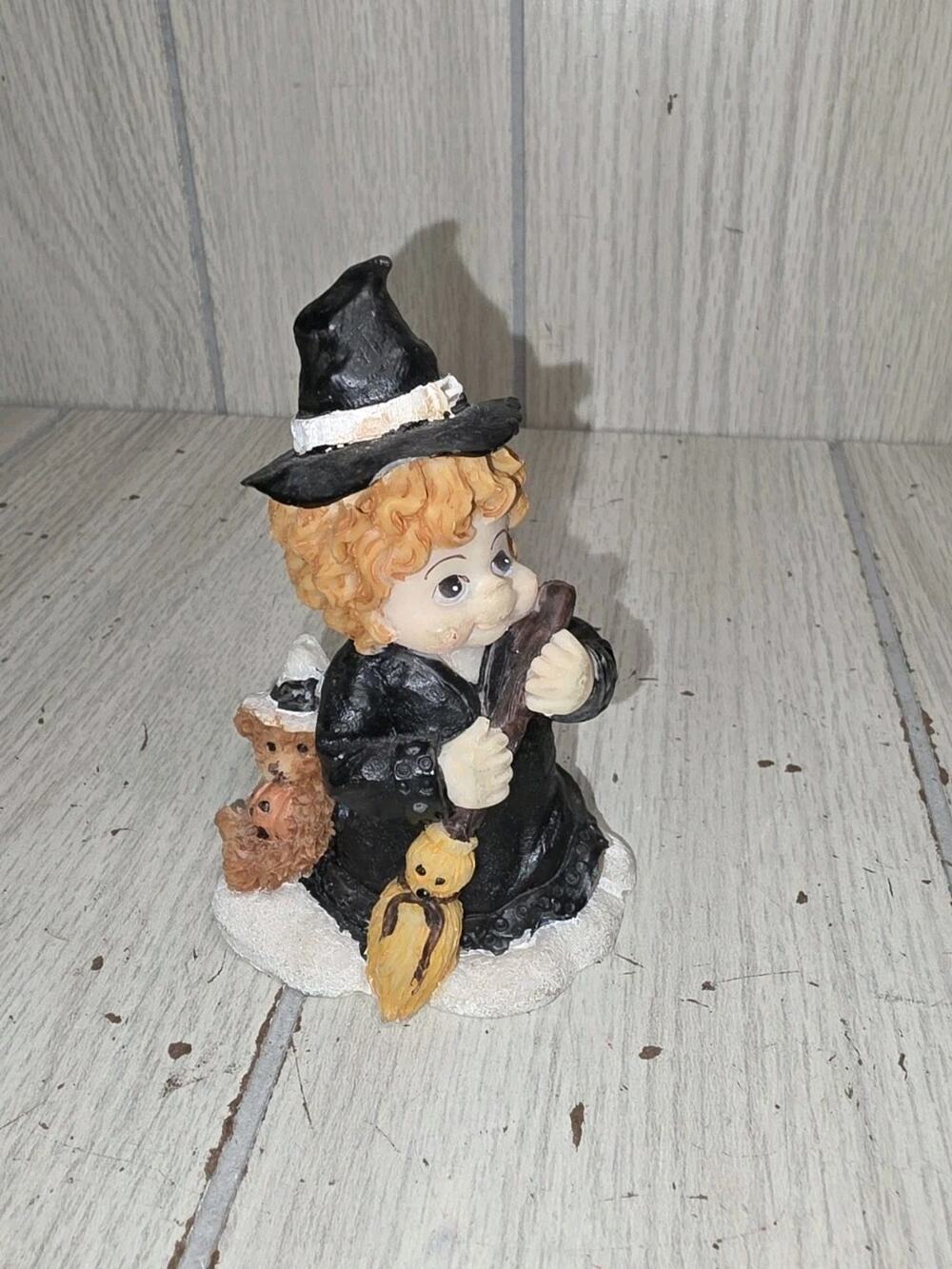 Vintage Witch Ceramic Figurine Magic Broom Teddy Bear Halloween Miniature